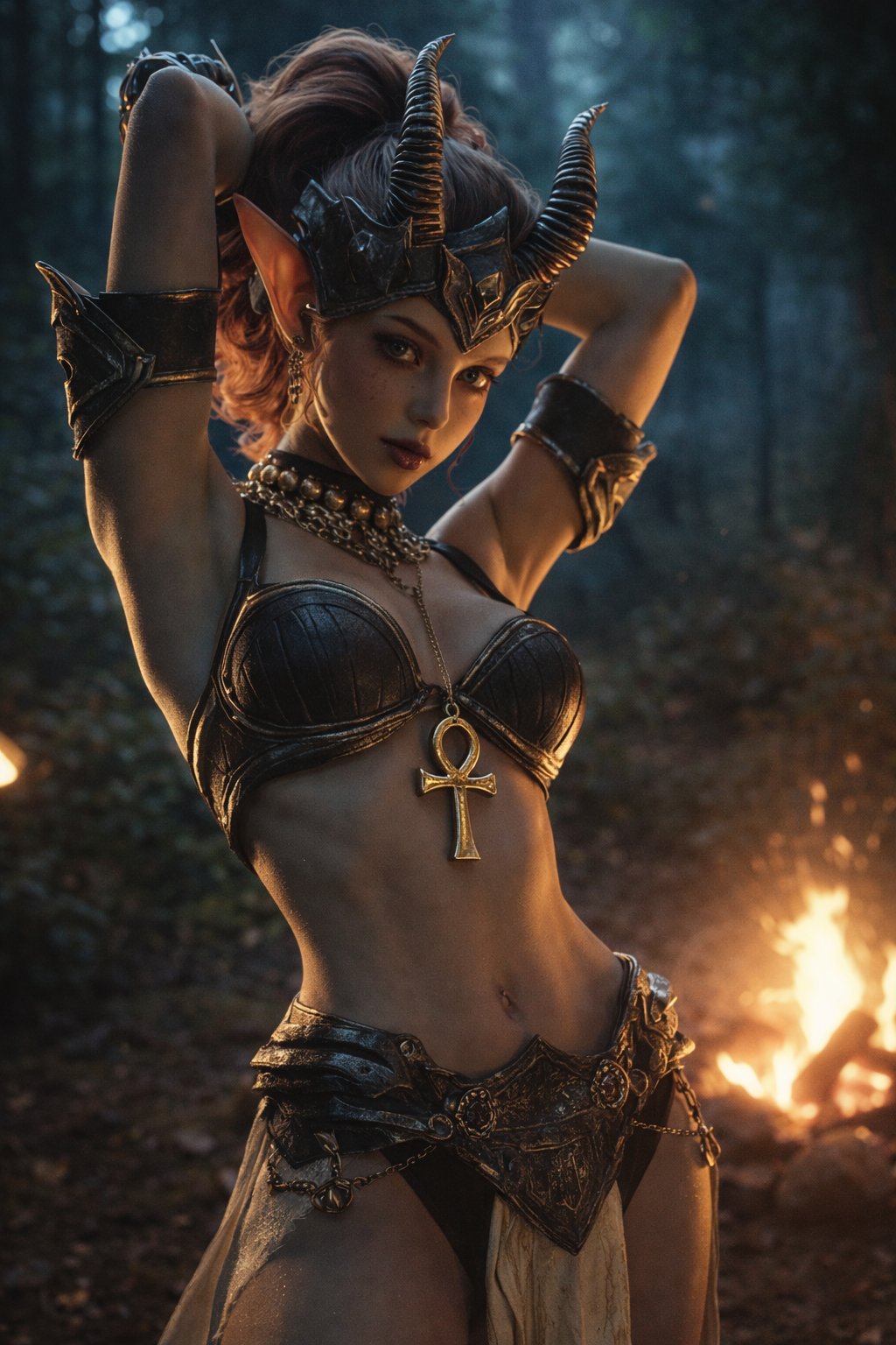 Photorealistic cinematic shot of an adult female fantasy elf warrior in a dynami