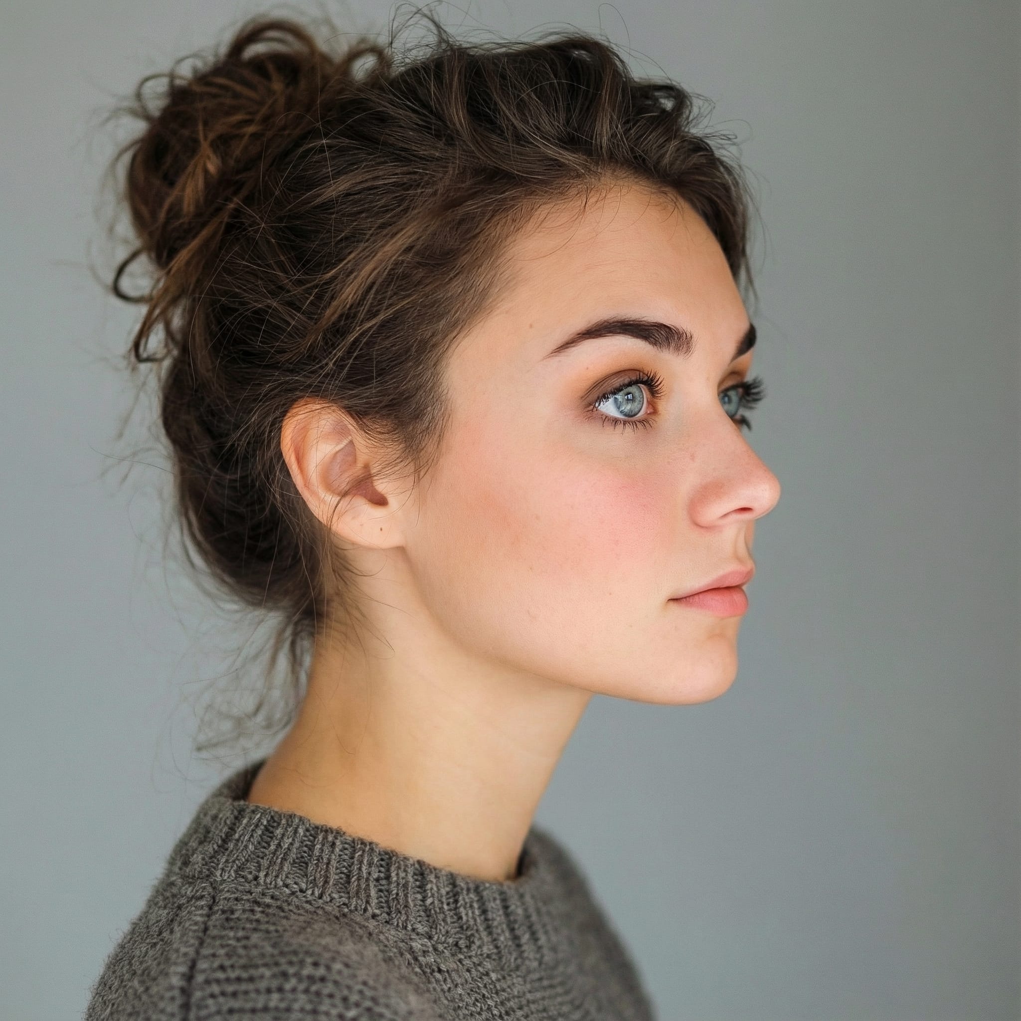 A closeup photo of her looking right in profile view