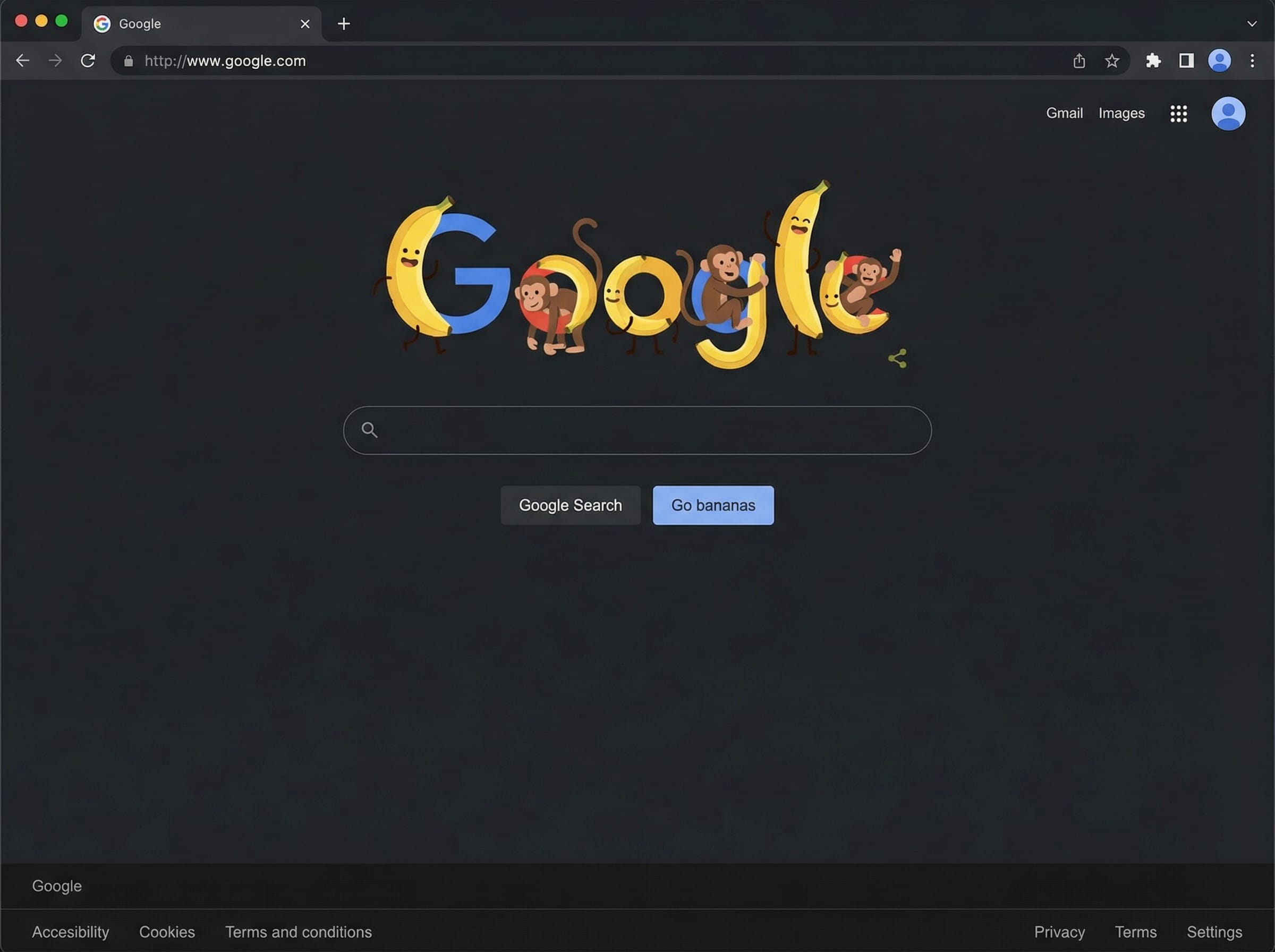 A screenshot of the Google home page with a banana Google doodle, change I'm fee