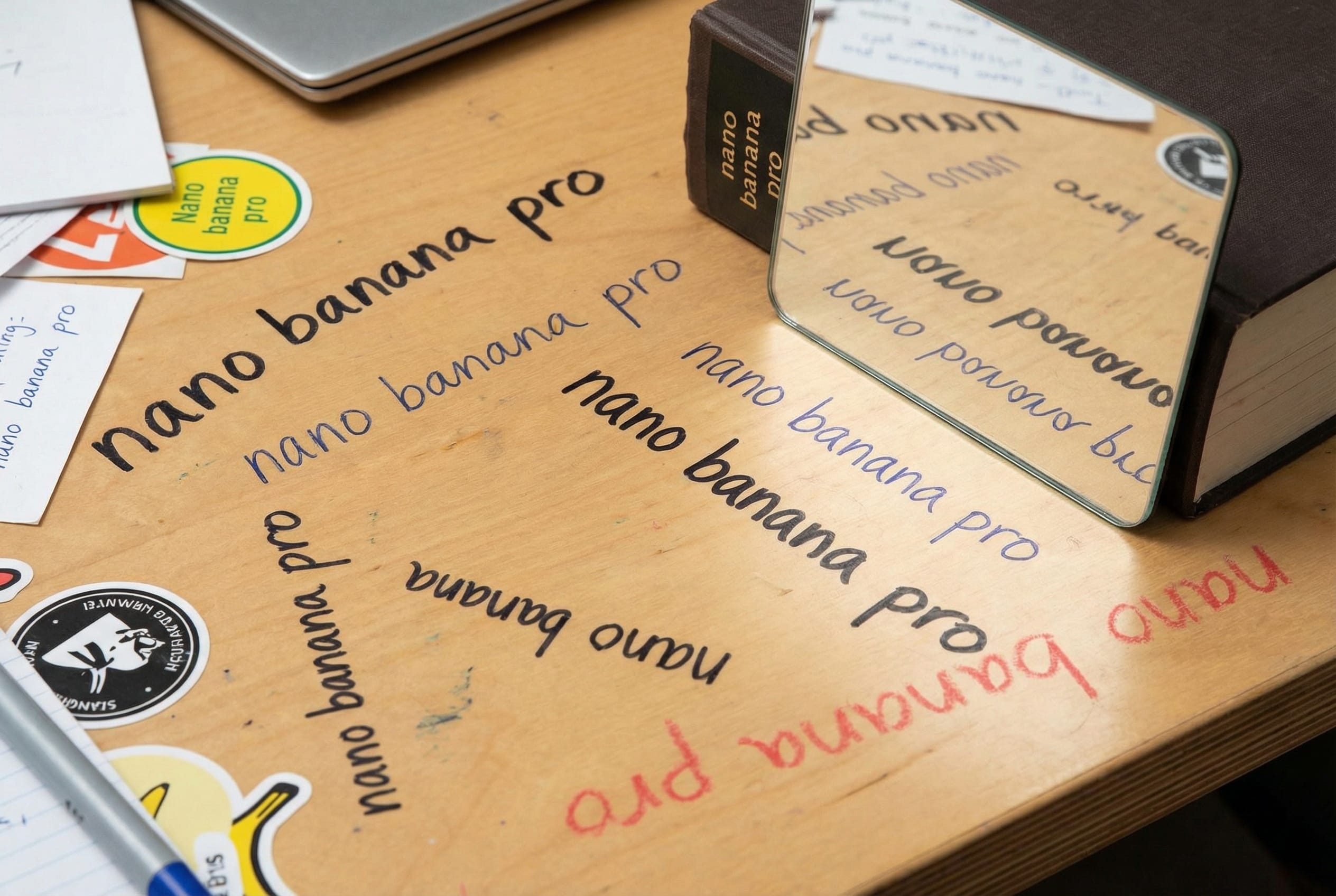 The text “nano banana pro” written in every orientation, include a mirror