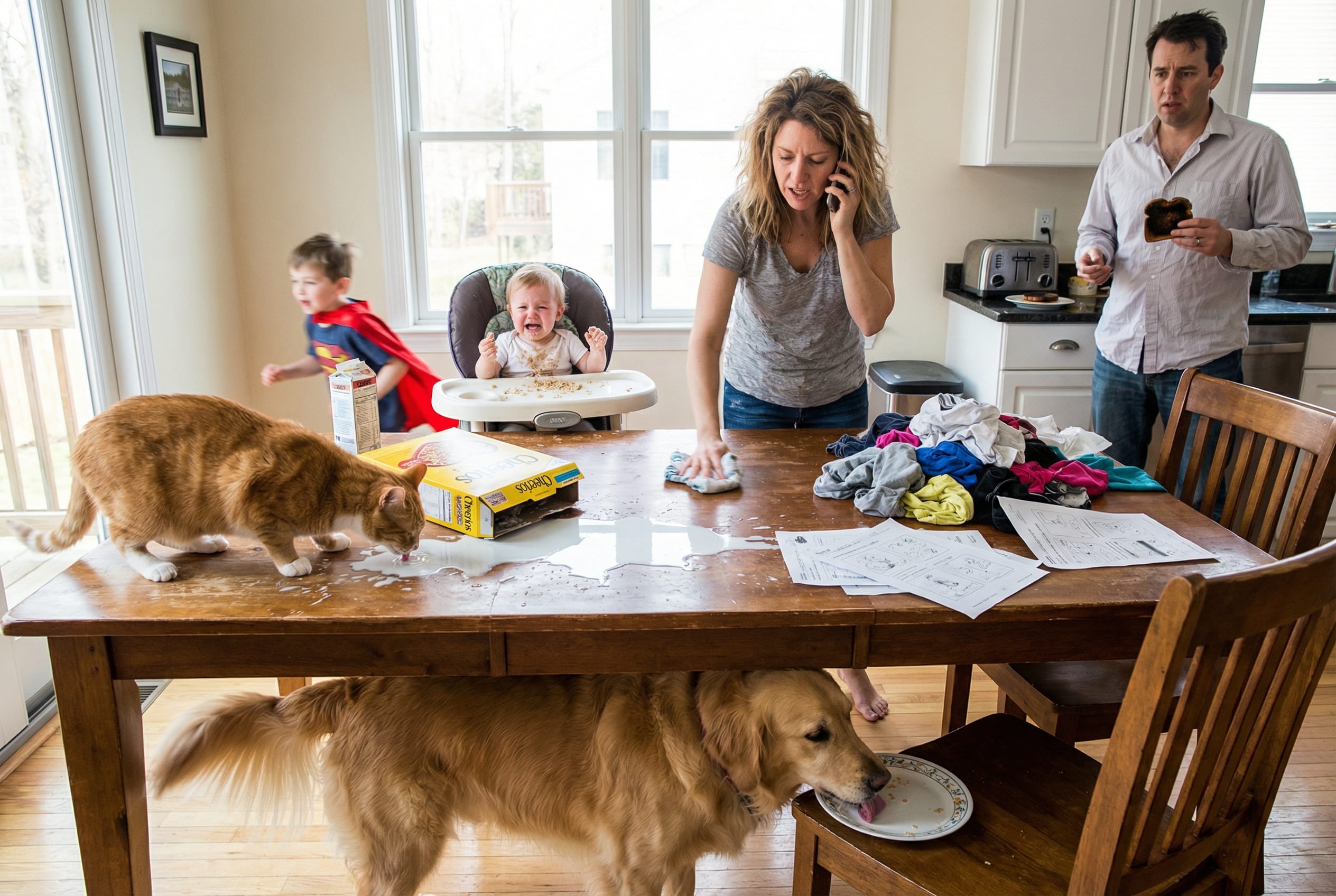A realistic, wide-angle documentary photo of a chaotic family kitchen during the