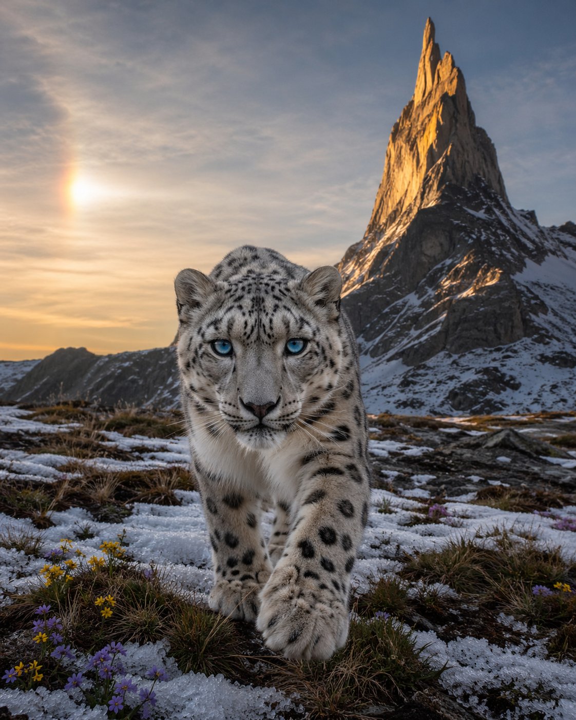 A full body portrait photo of a snow leopard. It has one paw raised as it is wal