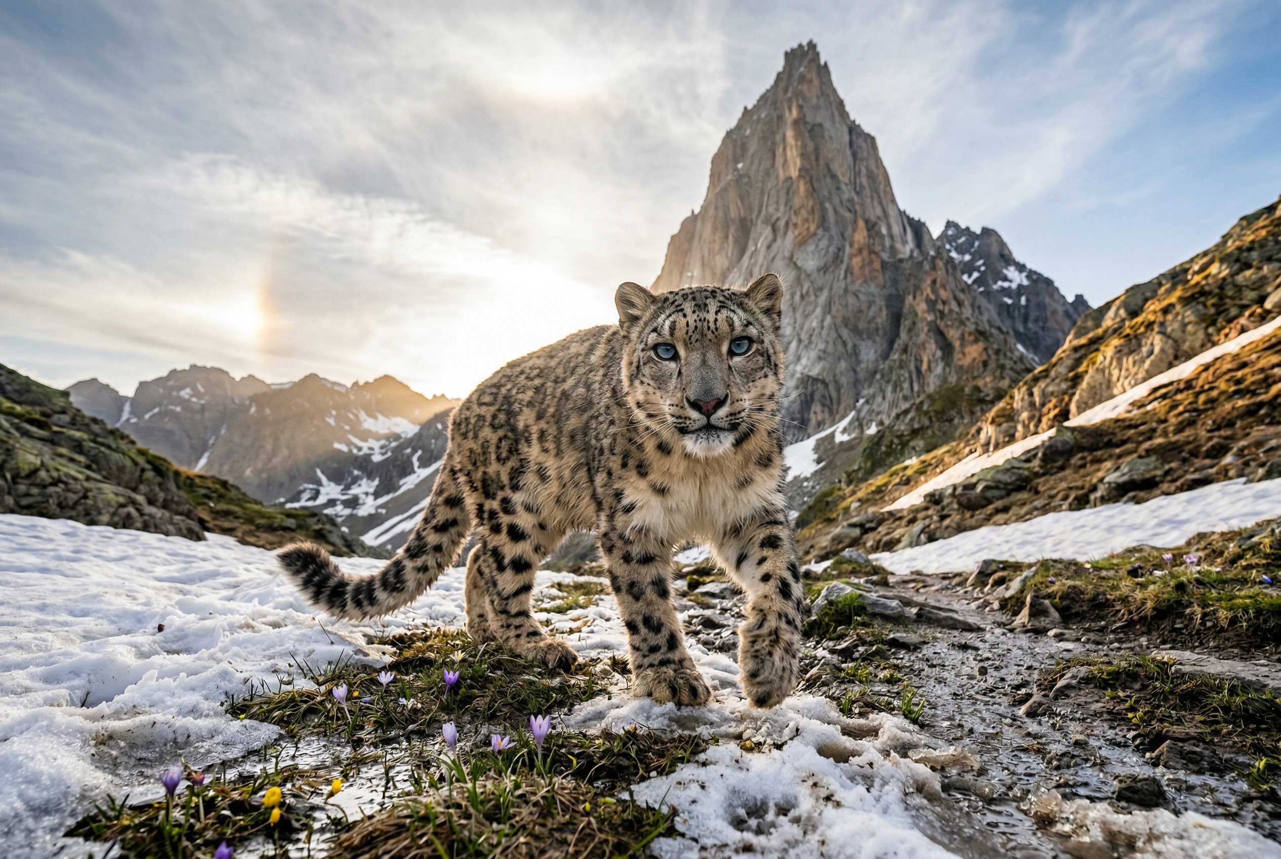 A full body portrait photo of a snow leopard. It has one paw raised as it is wal