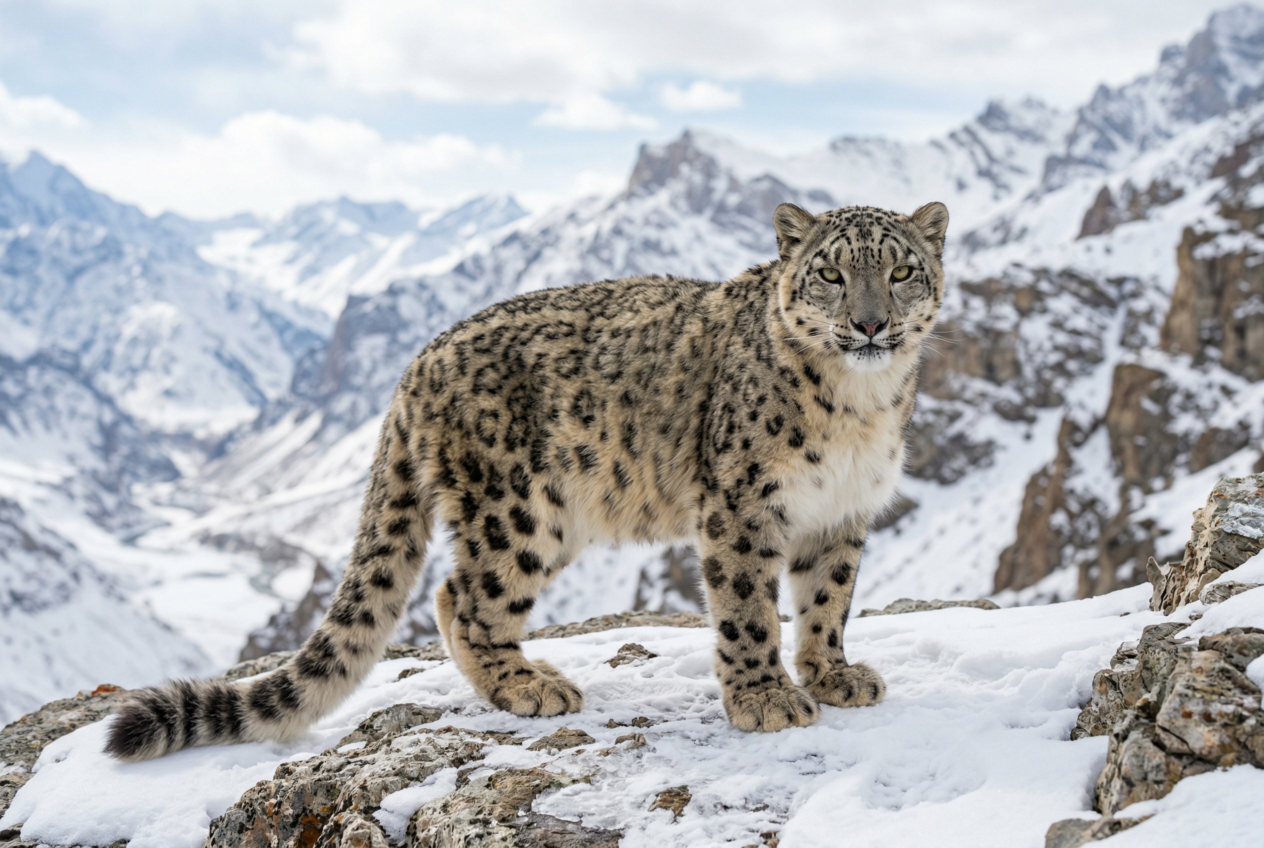 A full body portrait photo of a snow leopard. It has one paw raised as it is wal