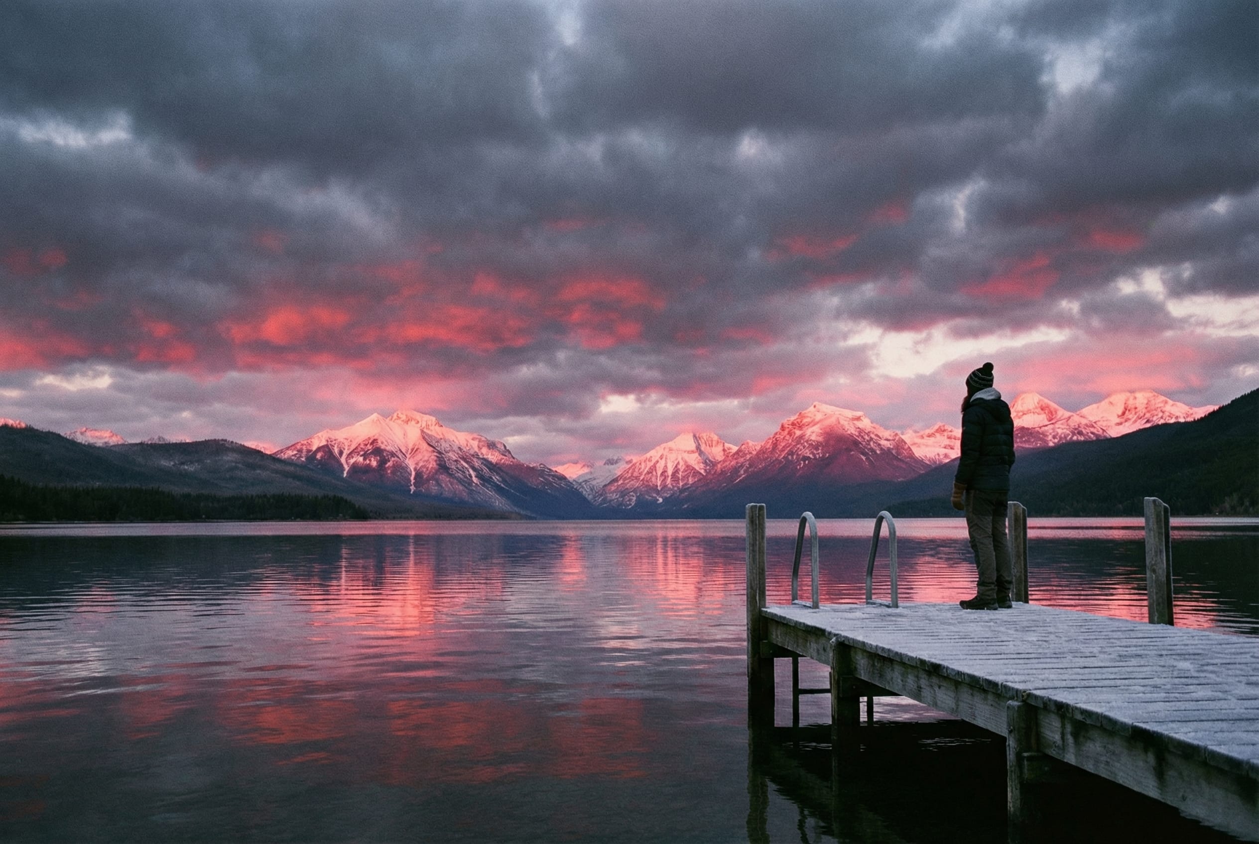 A landscape photo at dawn, there is a distant snow capped mountain range, in the