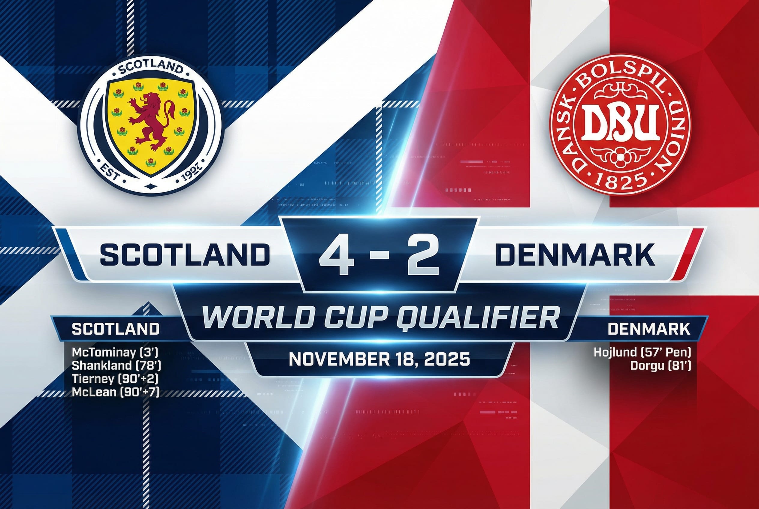 A stylish graphic showing the Scotland vs Denmark score in the most recent World