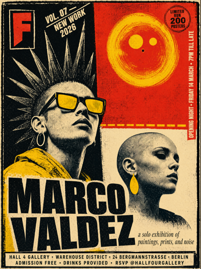 A vertical exhibition invitation poster in the aesthetic of 1970s–80s punk silks